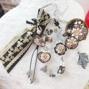 Handcrafted Retro Black Gold Flower Bag Charm, Multi-Pendant Lace Ribbon Keychain