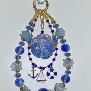 Handmade Ocean Blue Glitter Rose Phone Charm Strap, Nautical Sailboat Anchor Beaded Phone Lanyard