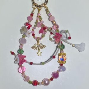Handmade Pink Fairy Angel Wing Phone Charm Strap, Multi-Strand Beaded Romantic Flower Phone Lanyard