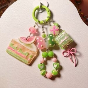 Handmade Kawaii Watermelon Cake Resin Keychain, Cute Green Pink Dessert Mushroom Bag Charm