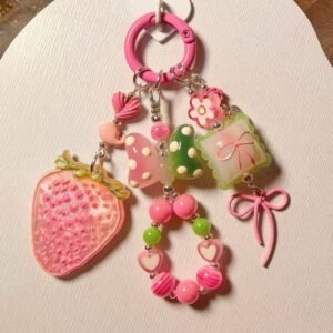 Handmade Kawaii Pink Strawberry Resin Keychain, Cute Fruit Mushroom Bag Charm